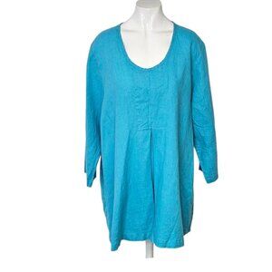 FLAX Womens 100% Linen Lagenlook Shirt, Blue, Pleated, Scoop Neck, Size M